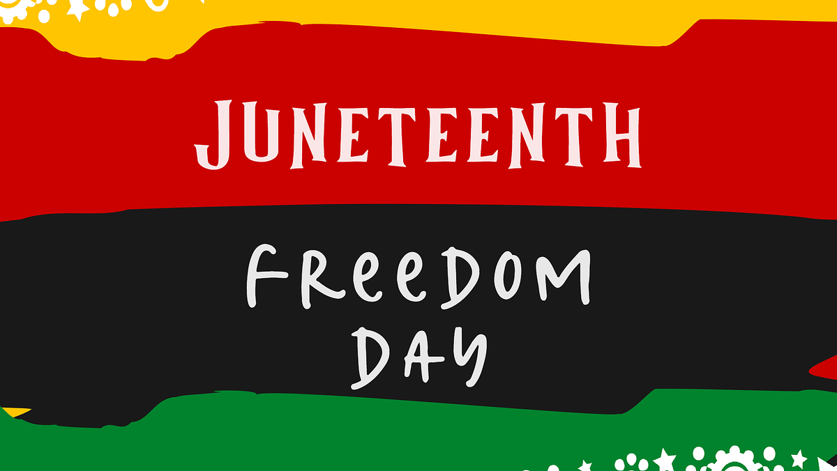 Yellow, red, black, and green horizontal stipes with the words Juneteenth Freedom Day